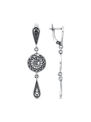 Серьги бижутерия, покрытие - серебрение с оксидированием, без вставок