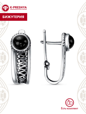 Серьги бижутерия, покрытие - серебрение с оксидированием, вставка - искусственный агат черный