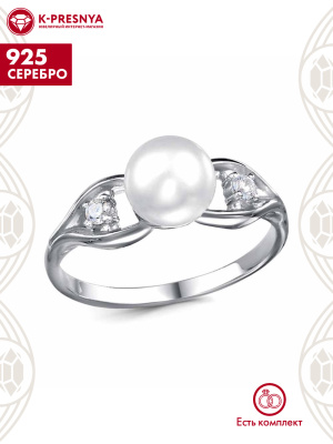 Кольцо серебро 925 пробы, покрытие - платинирование, вставка - культивированный жемчуг, фианит (недрагоценный камень)