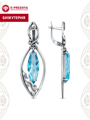 Серьги бижутерия, покрытие - серебрение с оксидированием, вставка - стекло ювелирное собственной огранки