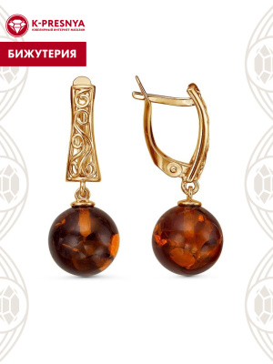 Серьги бижутерия, покрытие - золочение, вставка - искусственный янтарь