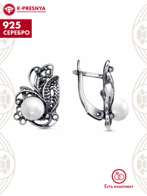 Серьги серебро 925 пробы, покрытие - оксидирование, вставка - культивированный жемчуг