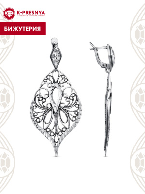 Серьги бижутерия, покрытие - серебрение с оксидированием, отделка - алмазная грань, без вставок
