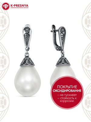 Серьги серебро 925 пробы, покрытие - оксидирование, вставка - имитация жемчуга