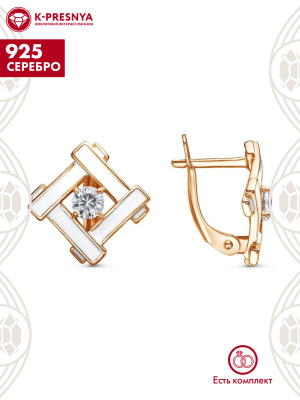 Серьги серебро 925 пробы, покрытие - золочение, отделка - эмаль, вставка - фианит (недрагоценный камень)
