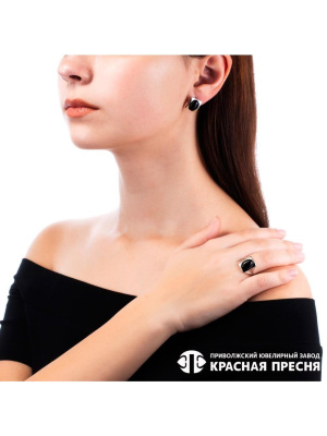 Серьги серебро 925 пробы, покрытие - родирование, вставка - искусственный агат черный
