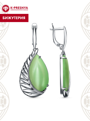 Серьги бижутерия, покрытие - серебрение с оксидированием, вставка - искусственный кошачий глаз