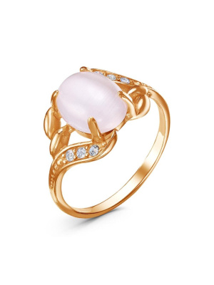 Кольцо серебро 925 пробы, покрытие - золочение, вставка - искусственный кошачий глаз , фианит (недрагоценный камень)