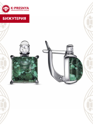 Серьги бижутерия, покрытие - серебрение с оксидированием, вставка - искусственный малахит , фианит (недрагоценный камень)