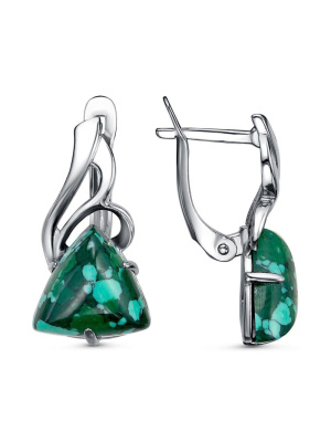 Серьги бижутерия, покрытие - серебрение с оксидированием, вставка - искусственный малахит