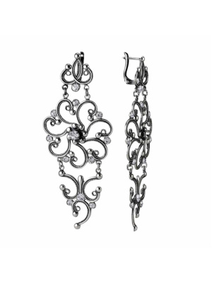 Серьги бижутерия, покрытие - серебрение с оксидированием, вставка - стекло ювелирное preciosa