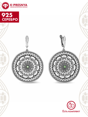 Серьги серебро 925 пробы, покрытие - оксидирование, вставка - искусственная шпинель