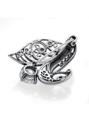 Брошь бижутерия, покрытие - серебрение с оксидированием, вставка - фианит (недрагоценный камень)