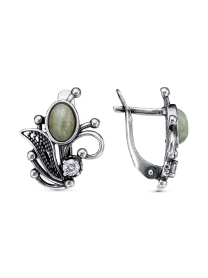 Серьги серебро 925 пробы, покрытие - оксидирование, вставка - везувиан, фианит (недрагоценный камень)