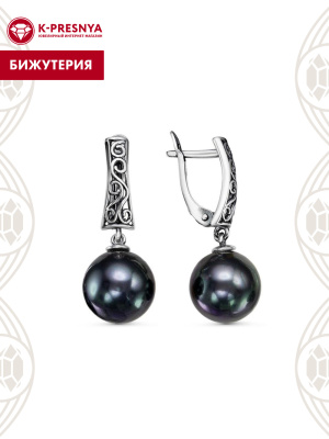 Серьги бижутерия, покрытие - серебрение с оксидированием, вставка - имитация жемчуга