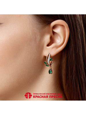Серьги бижутерия, покрытие - золочение, выборочное родирование, вставка - искусственная шпинель, стекло ювелирное preciosa