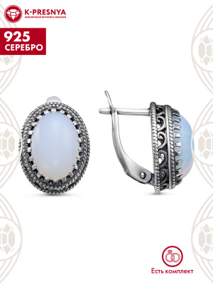 Серьги серебро 925 пробы, покрытие - оксидирование, вставка - искусственный лунный камень