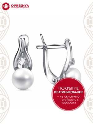 Серьги серебро 925 пробы, покрытие - платинирование, вставка - культивированный жемчуг, фианит (недрагоценный камень)