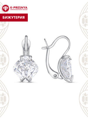 Серьги бижутерия, покрытие - платинирование, вставка - фианит (недрагоценный камень)