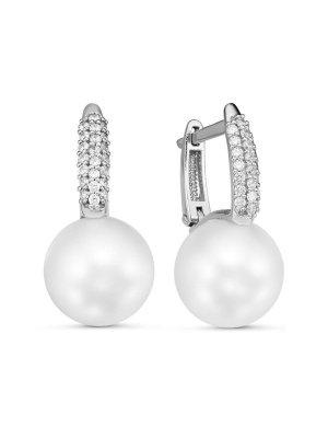 Серьги серебро 925 пробы, покрытие - родирование, вставка - имитация жемчуга, фианит (недрагоценный камень)