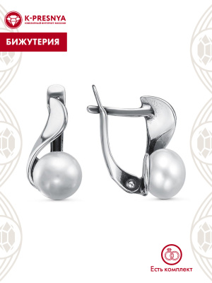 Серьги бижутерия, покрытие - серебрение с оксидированием, вставка - культивированный жемчуг