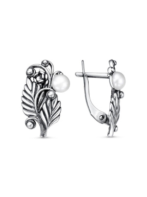 Серьги серебро 925 пробы, покрытие - оксидирование, вставка - культивированный жемчуг