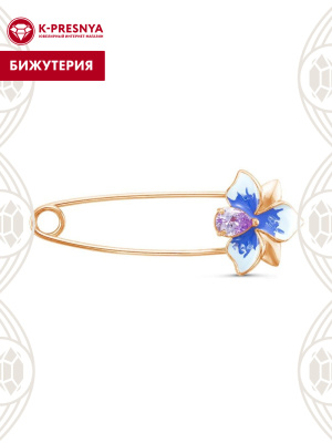 Брошь бижутерия, покрытие - золочение, отделка - эмаль, вставка - фианит (недрагоценный камень)