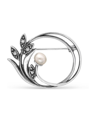 Брошь бижутерия, покрытие - серебрение с оксидированием, вставка - культивированный жемчуг, стекло ювелирное preciosa
