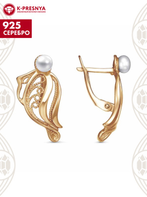 Серьги серебро 925 пробы, покрытие - золочение, вставка - культивированный жемчуг