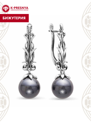 Серьги бижутерия, покрытие - серебрение с оксидированием, вставка - имитация жемчуга