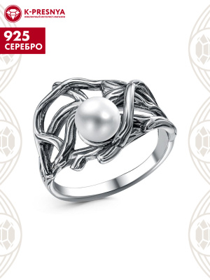 Кольцо серебро 925 пробы, покрытие - оксидирование, вставка - имитация жемчуга