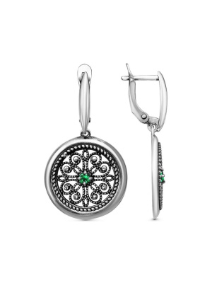 Серьги бижутерия, покрытие - серебрение с оксидированием, вставка - искусственная шпинель