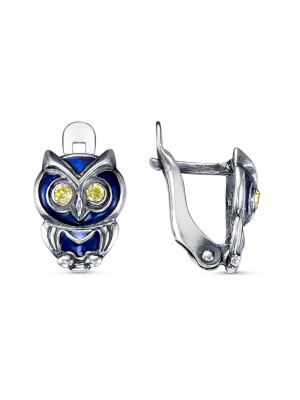 Серьги бижутерия, покрытие - серебрение с оксидированием, отделка - эмаль, вставка - стекло ювелирное preciosa