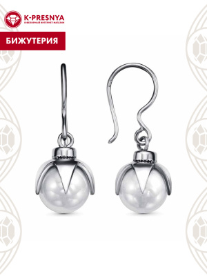 Серьги бижутерия, покрытие - серебрение с оксидированием, вставка - имитация жемчуга