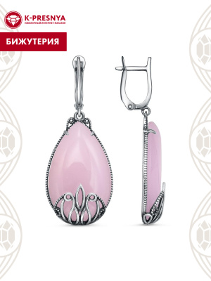 Серьги бижутерия, покрытие - серебрение с оксидированием, вставка - искусственный кварц розовый