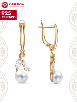Серьги серебро 925 пробы, покрытие - золочение, вставка - культивированный жемчуг, фианит (недрагоценный камень)
