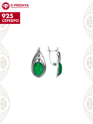 Серьги серебро 925 пробы, покрытие - оксидирование, вставка - искусственный агат зелёный