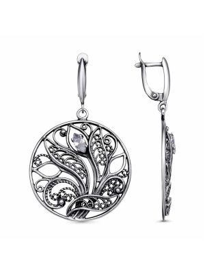 Серьги бижутерия, покрытие - серебрение с оксидированием, вставка - фианит (недрагоценный камень)