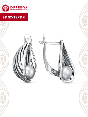 Серьги бижутерия, покрытие - серебрение с оксидированием, вставка - культивированный жемчуг