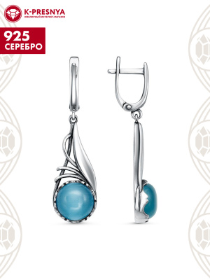 Серьги серебро 925 пробы, покрытие - оксидирование, вставка - искусственный кошачий глаз