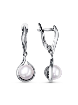 Серьги бижутерия, покрытие - серебрение с оксидированием, вставка - имитация жемчуга