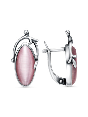 Серьги бижутерия, покрытие - серебрение с оксидированием, вставка - искусственный кошачий глаз