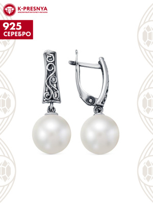Серьги серебро 925 пробы, покрытие - оксидирование, вставка - имитация жемчуга