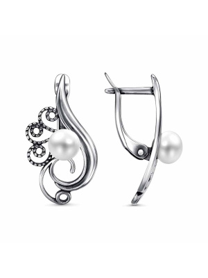 Серьги серебро 925 пробы, покрытие - оксидирование, вставка - культивированный жемчуг