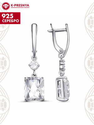 Серьги серебро 925 пробы, покрытие - платинирование, вставка - фианит (недрагоценный камень)