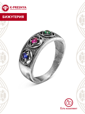Кольцо бижутерия, покрытие - серебрение с оксидированием, вставка - искусственная шпинель, синтетический корунд