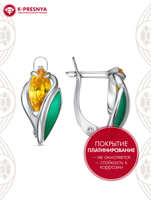 Серьги бижутерия, покрытие - платинирование, отделка - эмаль, вставка - фианит (недрагоценный камень)