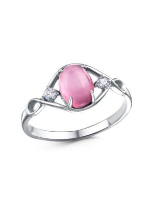 Кольцо бижутерия, покрытие - платинирование, вставка - искусственный кошачий глаз , фианит (недрагоценный камень)