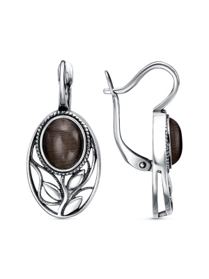 Серьги серебро 925 пробы, покрытие - оксидирование, вставка - искусственный кошачий глаз