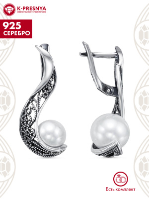 Серьги серебро 925 пробы, покрытие - оксидирование, вставка - имитация жемчуга